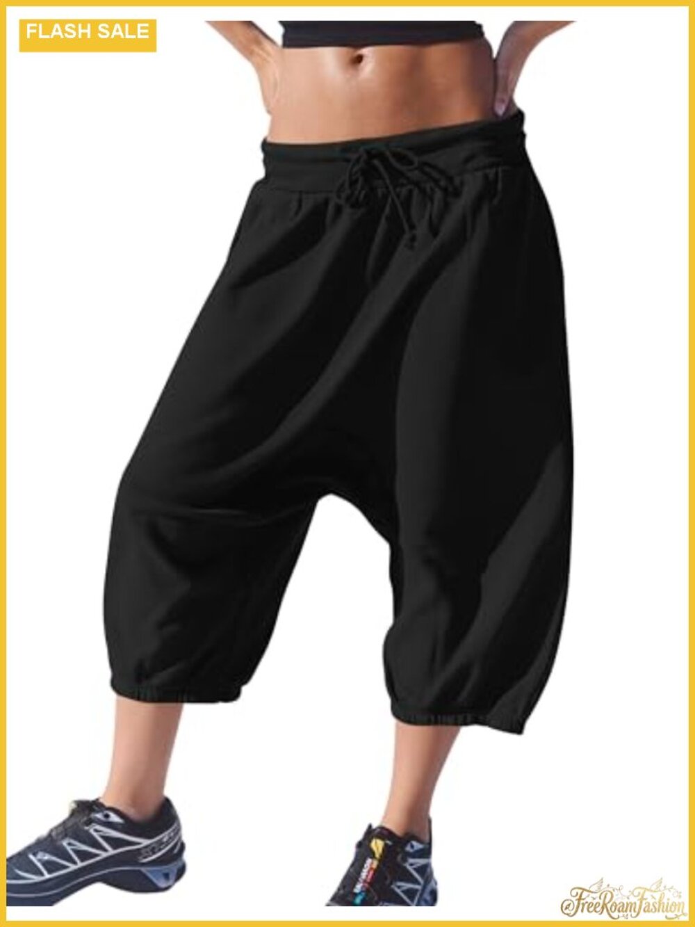 Wide Leg Capri Harem Sweatpants Drawstring Drop Crotch Cropped Joggers with